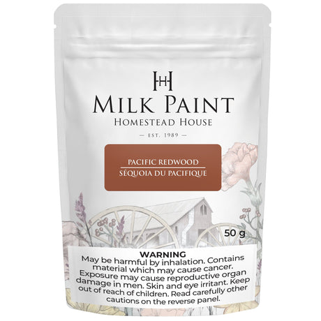 Fusion Mineral Paint Milk Paint Wood Stain Mixable 50g pouch, farm scene art, cancer warning at bottom.