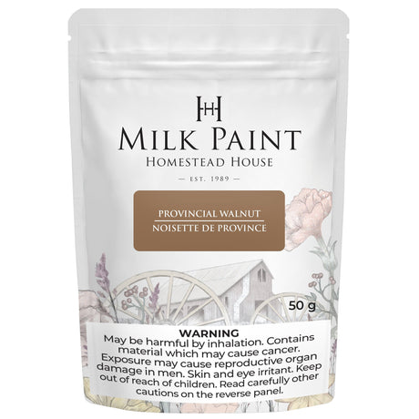 Fusion Mineral Paint Milk Paint Wood Stain 50g bag with safety info and botanical artwork on the label.