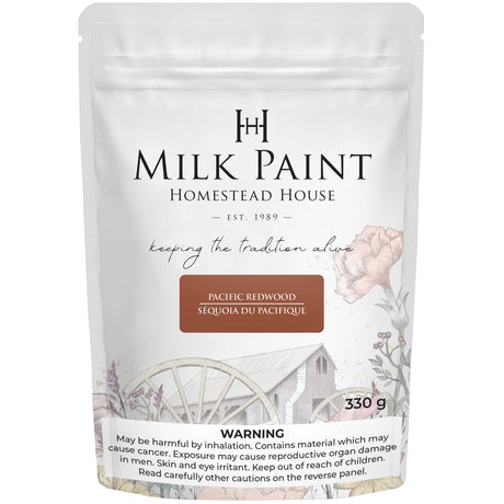 330g Fusion Mineral Paint Milk Paint Wood Stain, Pacific Redwood color, container shown with safety info visible.