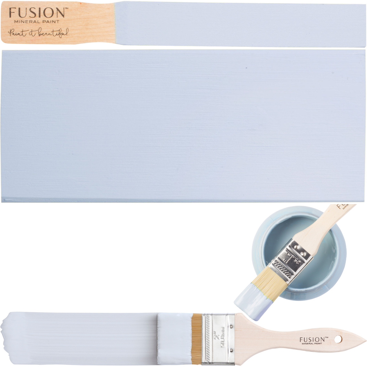 Mist Fusion Mineral Paint in open container with paintbrush and matte finish swatch displayed.