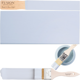 Mist Fusion Mineral Paint in open container with paintbrush and matte finish swatch displayed.