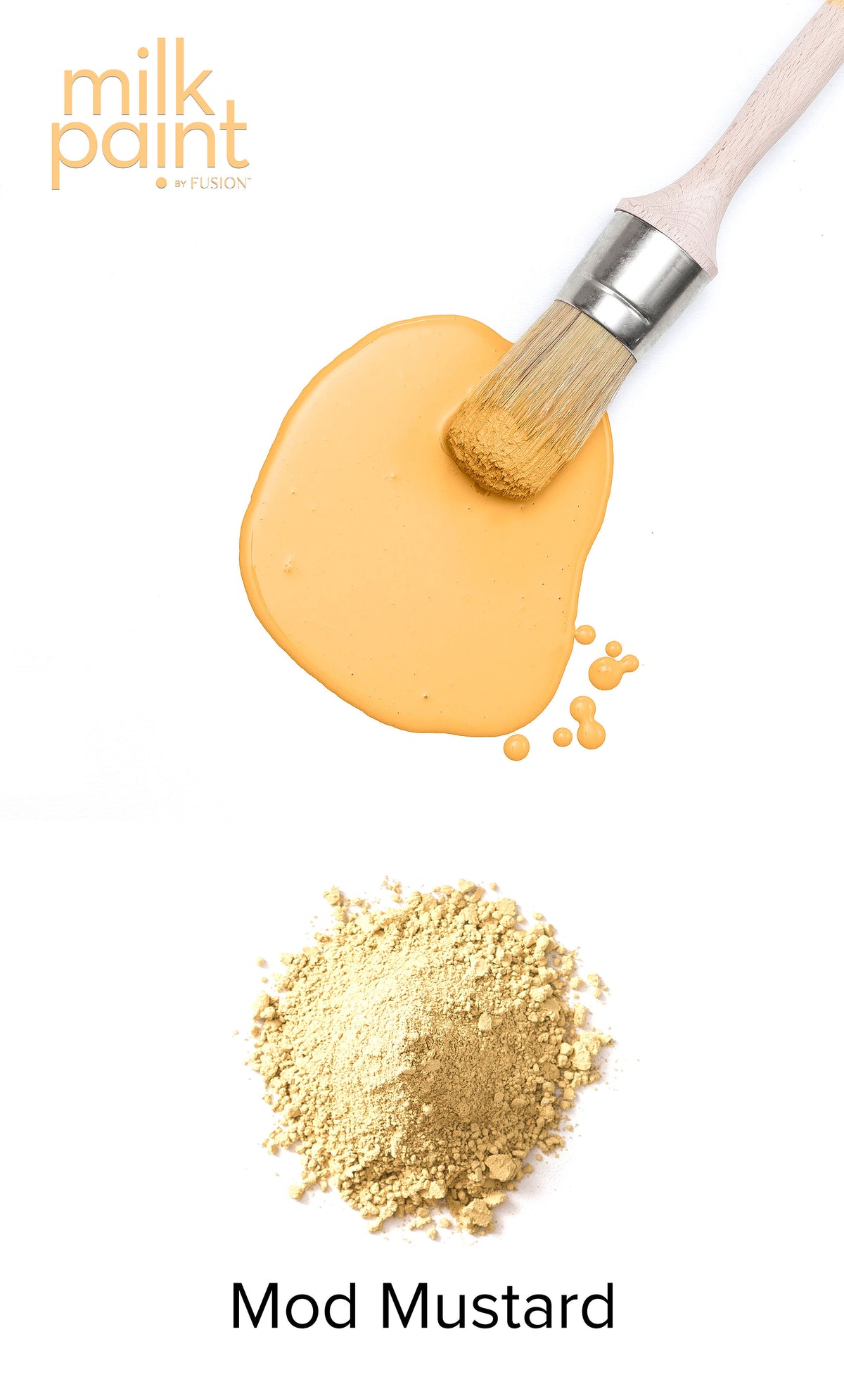 Paintbrush with Mod Mustard Milk Paint by Fusion Mineral Paint and yellow powder on white background.