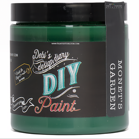 DIY Paint Co. Monet’s Garden clay and chalk paint in a green jar, eco-friendly formula for furniture projects.