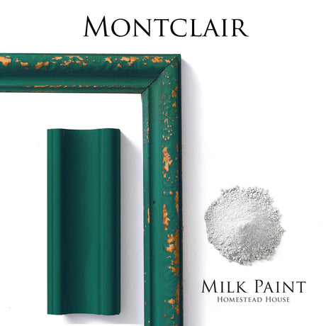 Green wood frame sample molding with Montclair Milk Paint powder by Homestead House.
