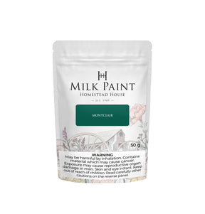 Montclair Milk Paint by Homestead House 50g pouch with farm design and health warning on white label.