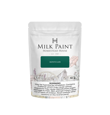 Montclair Milk Paint by Homestead House 50g pouch with farm design and health warning on white label.