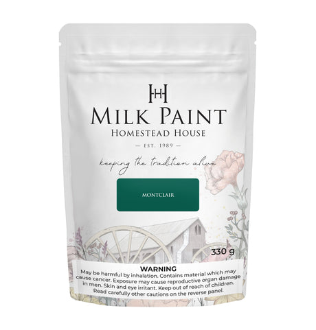330g Montclair Milk Paint by Homestead House bag, front view with product info and warning label at bottom.