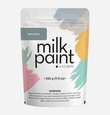 Monterey Milk Paint pouch by Fusion Mineral Paint with pastel brushstrokes and bonding agent warning at bottom.