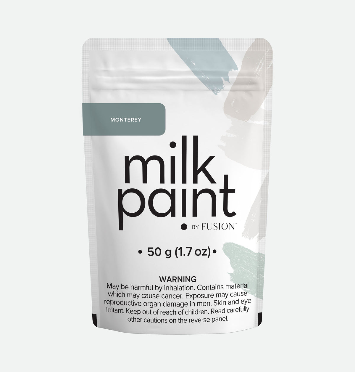 Monterey Milk Paint by Fusion Mineral Paint, 50g white pouch with warnings and brushstroke accents on label.