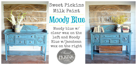 Two Moody Blue sideboards by Old Fashioned Milk Paint, each with a distinct wax finish.