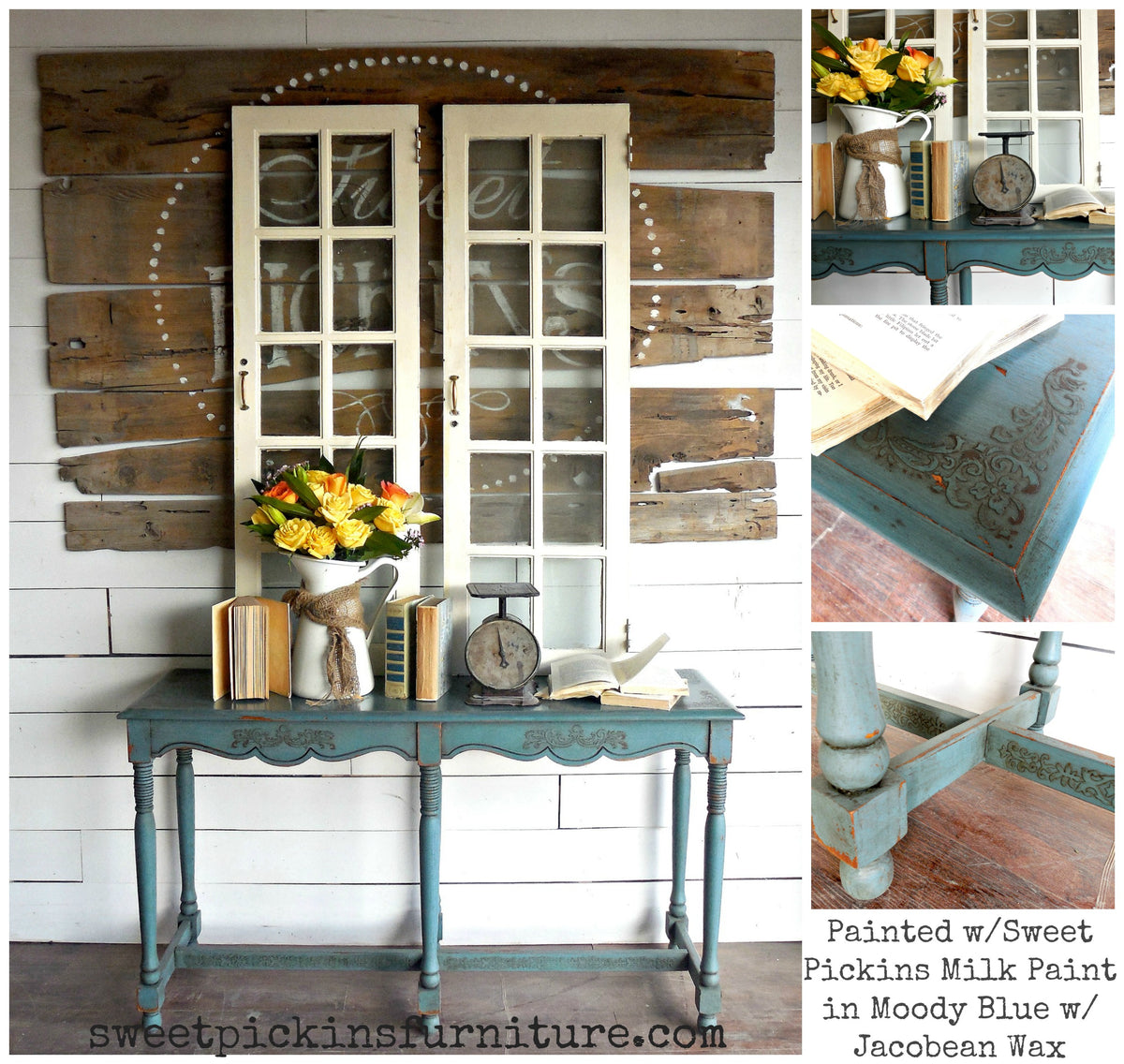 Moody Blue console table painted with Old Fashioned Milk Paint, rustic wood design, non-toxic finish.