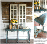 Moody Blue console table painted with Old Fashioned Milk Paint, rustic wood design, non-toxic finish.