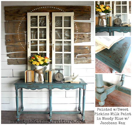 Moody Blue console table painted with Old Fashioned Milk Paint, rustic wood design, non-toxic finish.