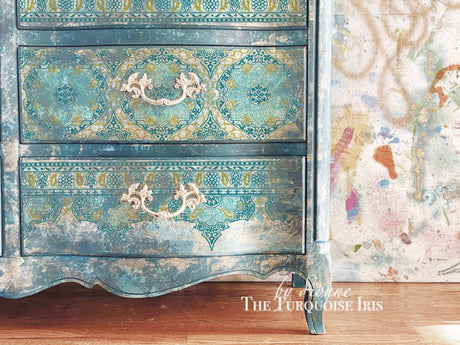 Vintage dresser with ornate turquoise and gold IOD Morocco Paint Inlay by Iron Orchid Designs.