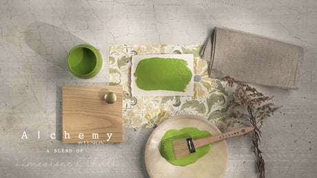 Moss Alchemy Paint by Fusion with brush, wood, fabric, and dried plant by Fusion Mineral Paint.