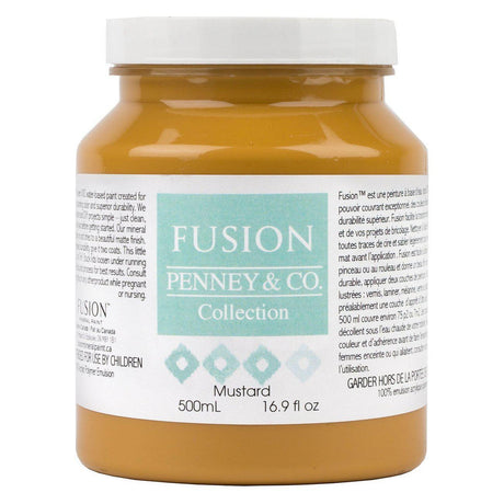 500ml Mustard Fusion Mineral Paint jar with a white label, all-in-one acrylic paint.