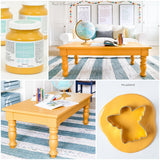 Yellow coffee table with Mustard Fusion Mineral Paint jars and a star cutter on a blue and white rug.