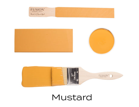 Four Mustard Fusion Mineral Paint samples, two brushes, paint swatch, and open can labeled “Mustard”.