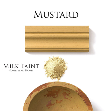 Wood trim, yellow powder, and bowl shown in Mustard Milk Paint by Homestead House.