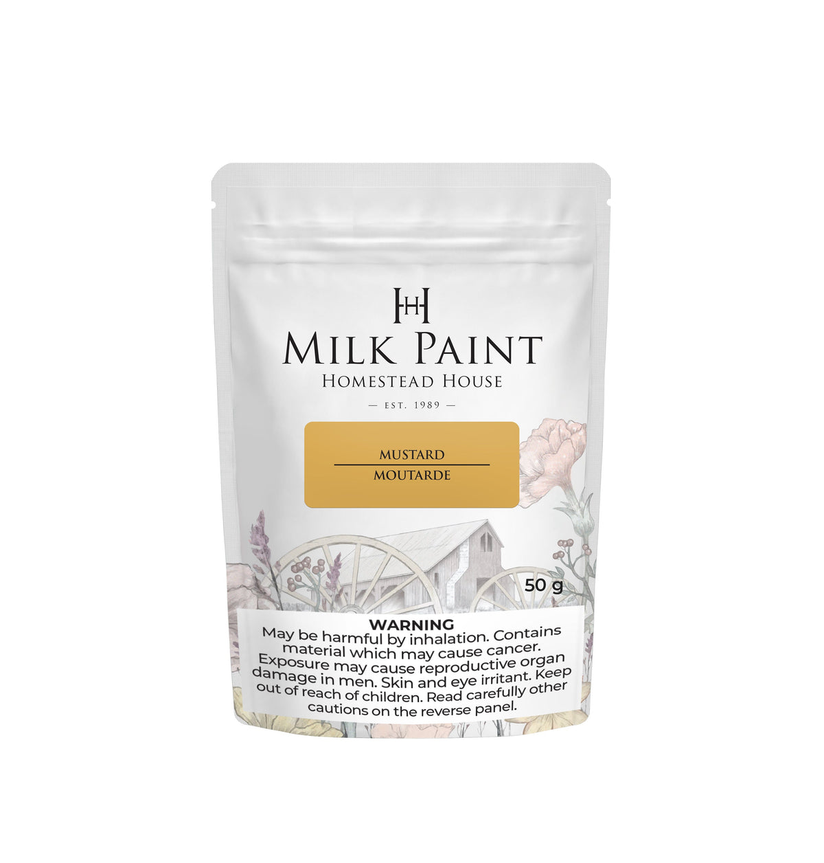 Homestead House Mustard Milk Paint in a white pouch with inhalation and exposure warning at the bottom.