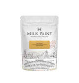 Homestead House Mustard Milk Paint in a white pouch with inhalation and exposure warning at the bottom.
