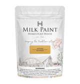 Homestead House Mustard Milk Paint 330g pouch with visible product warnings on the front.