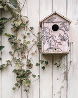 Pink birdhouse with black floral design from I.O.D. Nature’s Etchings Stamp on a white wall.