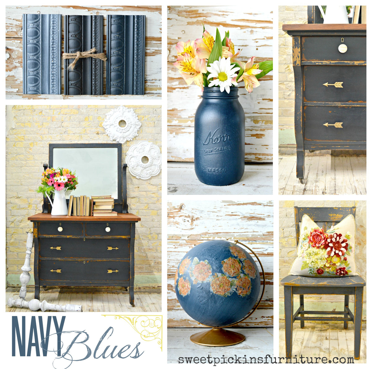 Collage featuring Navy Blue Old Fashioned Milk Paint furniture, flowers, a globe, and books on light backgrounds.