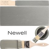 Newell Fusion Mineral Paint swatch with brushes and open can of sage green acrylic paint matching gray-green shade.