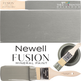Newell Fusion Mineral Paint sample on swatches, with brush and open can displaying acrylic paint.