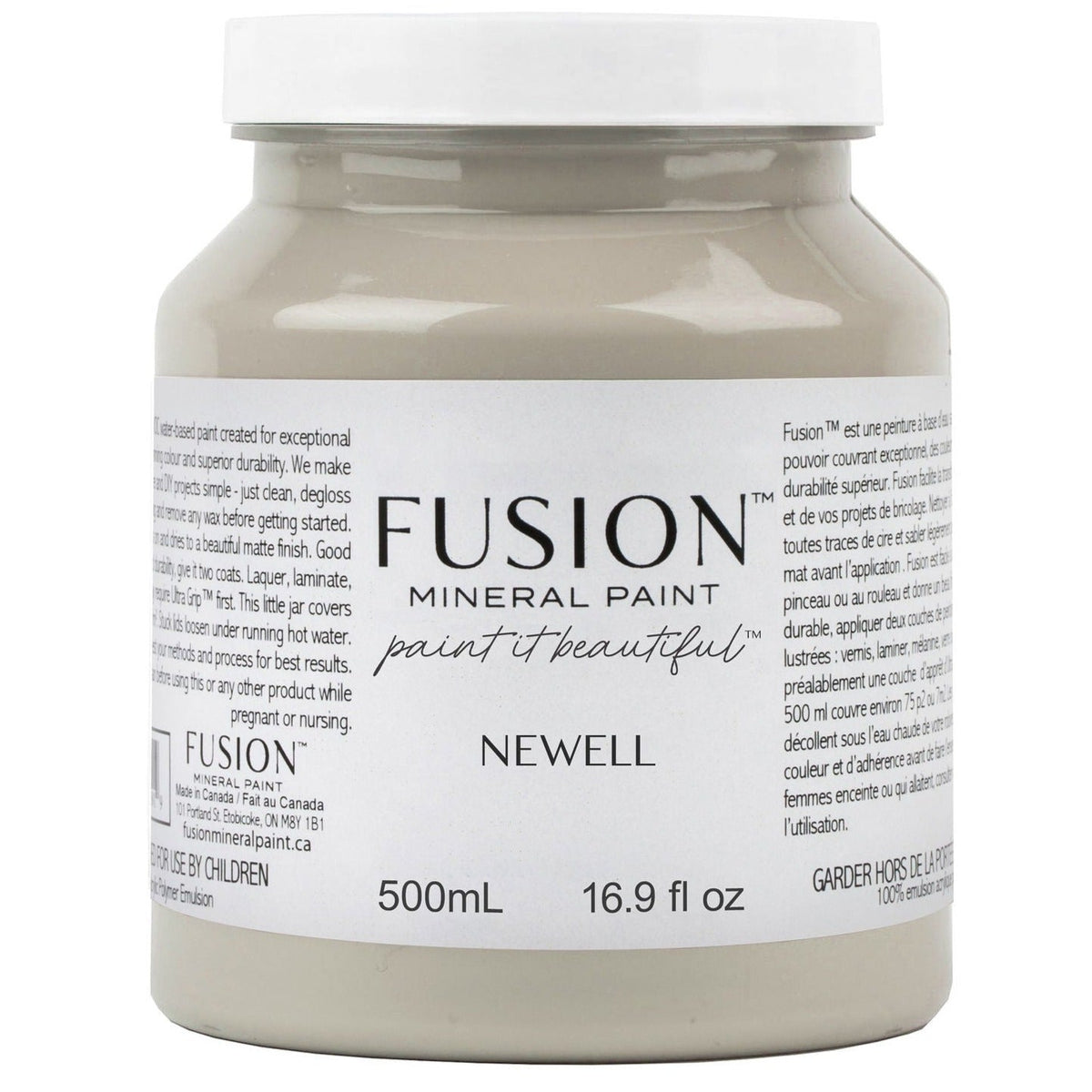 500mL jar of Newell Fusion Mineral Paint in soft sage green, with label text and usage instructions visible.