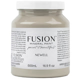 500mL jar of Newell Fusion Mineral Paint in soft sage green, with label text and usage instructions visible.