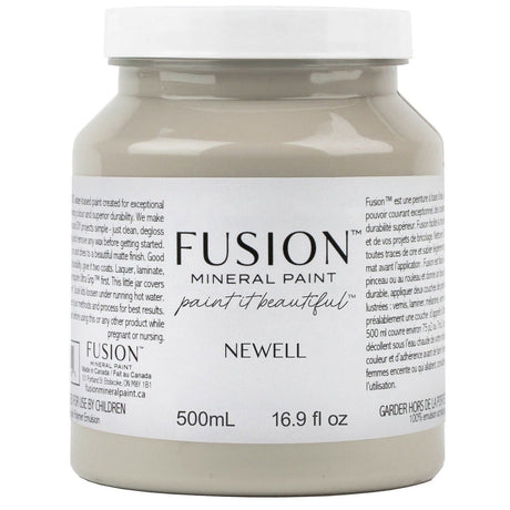 500mL jar of Newell Fusion Mineral Paint in soft sage green, with label text and usage instructions visible.