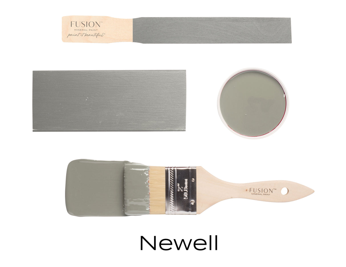Newell Fusion Mineral Paint by Fusion Mineral Paint displayed on brush, stick, sample card, and in open can.