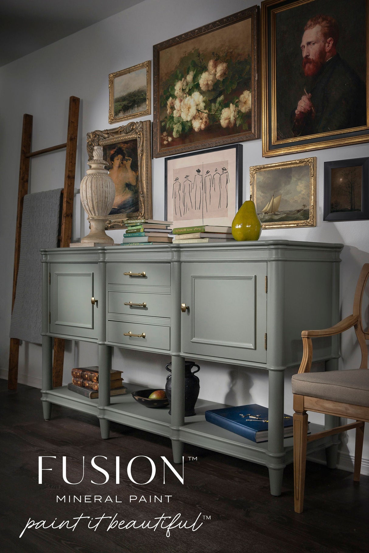 Sage green vintage sideboard styled with books, art, a vase, and Newell Fusion Mineral Paint by Fusion.