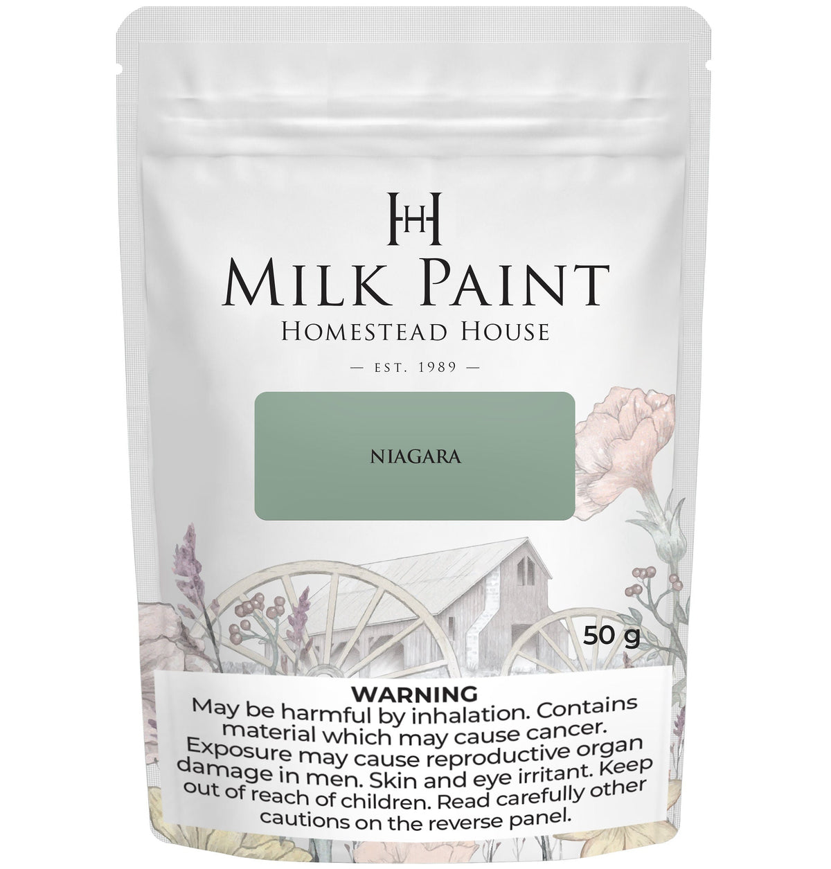 Homestead House Niagara Green Milk Paint 50g bag with floral design and visible cancer risk warning.
