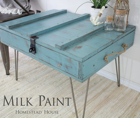 Rustic blue table with jars, rope handle, and “Niagara Green Milk Paint by Homestead House” text displayed.
