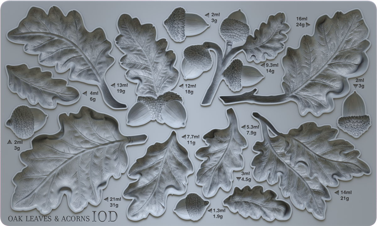 I.O.D. Oak Leaves & Acorns Mould tray in gray with labeled leaf and acorn shapes, ml and gram sizes indicated.