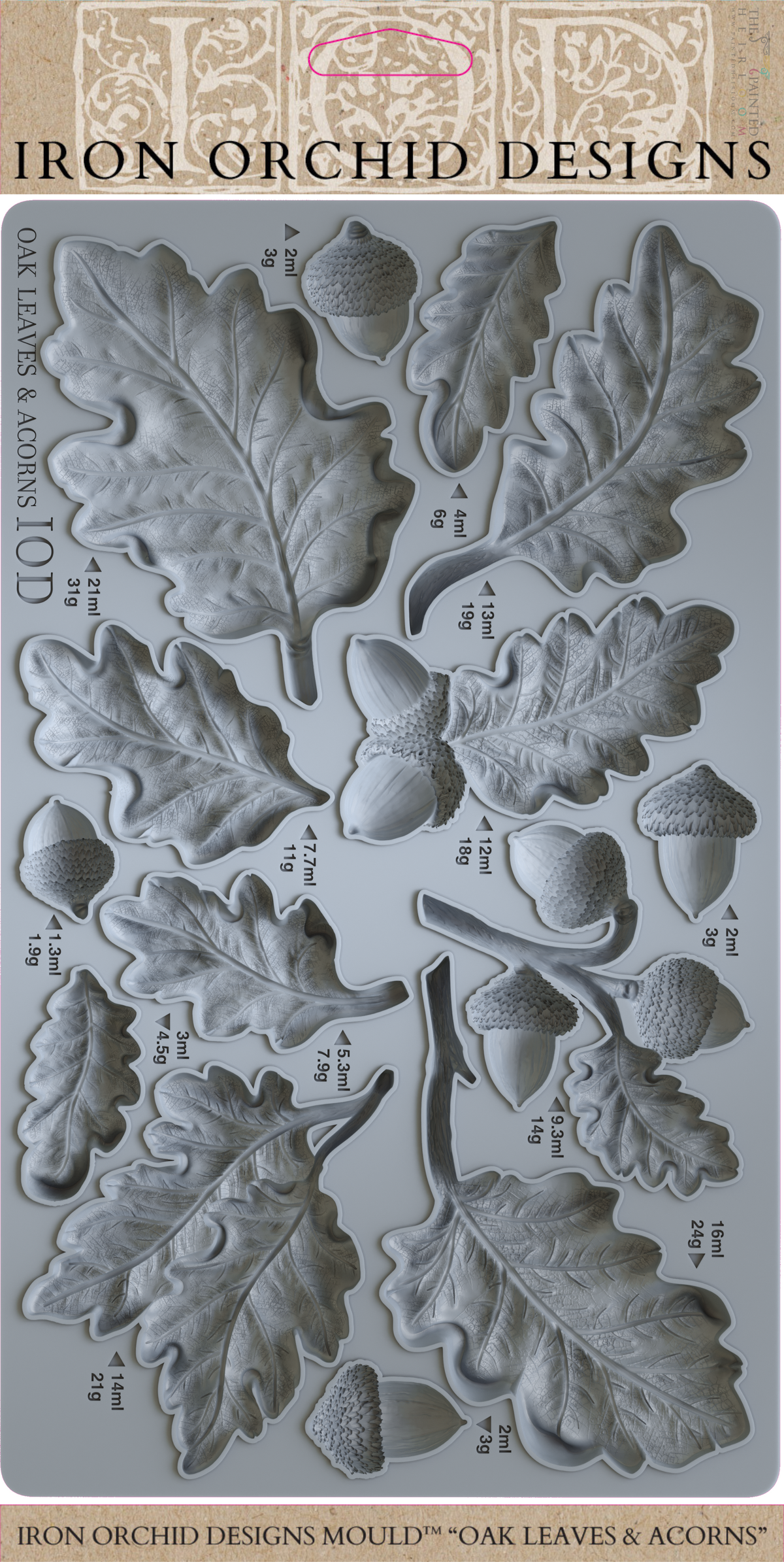 IOD Oak Leaves & Acorns Mould with assorted detailed leaf and acorn shapes by Iron Orchid Designs.