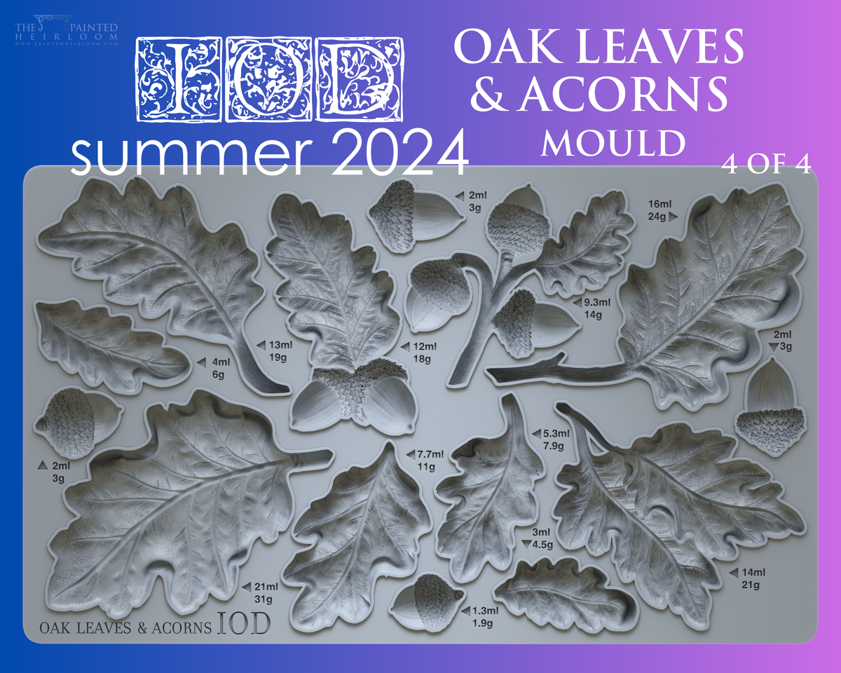 Oak Leaves & Acorns Mould by I.O.D. with detailed shapes and volume info in milliliters and grams shown on each form.
