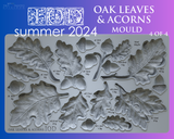 Oak Leaves & Acorns Mould by I.O.D. with detailed shapes and volume info in milliliters and grams shown on each form.