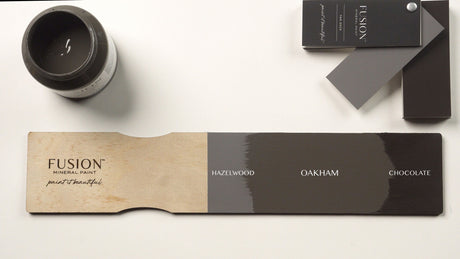 Fusion Mineral Paint sample board showing Hazelwood, Oakham Fusion Mineral Paint, and Chocolate in matte finish.