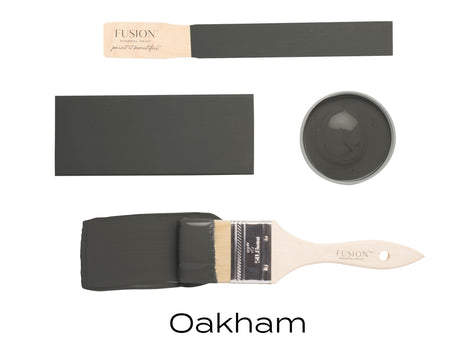 Oakham Fusion Mineral Paint brush and sample display in dark gray matte finish by Fusion.
