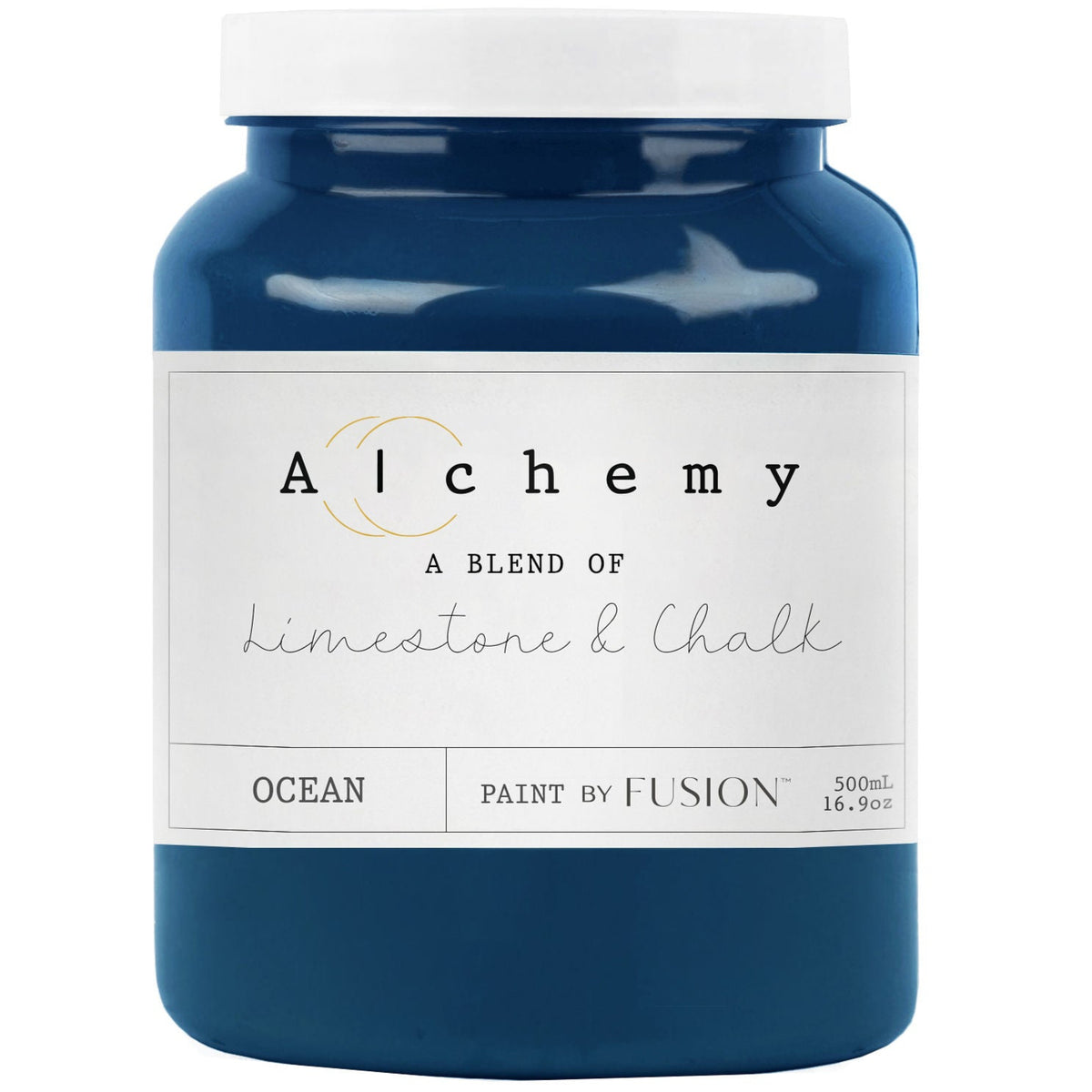 Fusion Mineral Paint Ocean Alchemy, chalk-style Limestone & Chalk Blend, 500 mL blue jar.