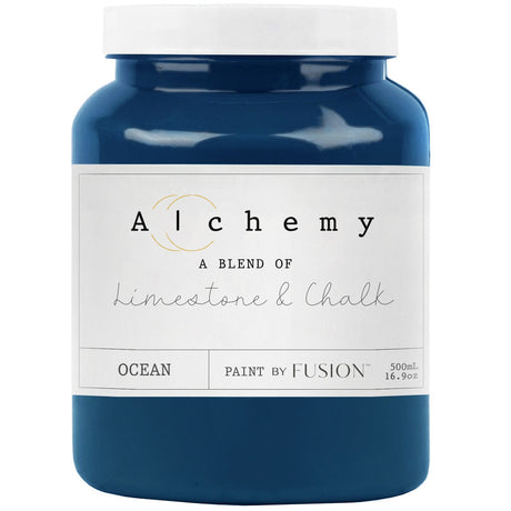 Fusion Mineral Paint Ocean Alchemy, chalk-style Limestone & Chalk Blend, 500 mL blue jar.