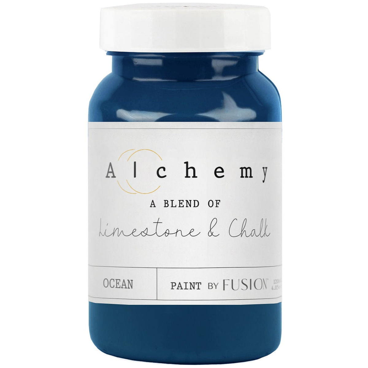 Fusion Mineral Paint Ocean Alchemy Paint jar, blue color, chalk-style furniture paint.
