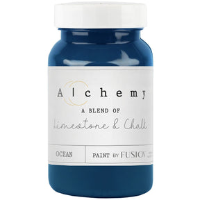 Fusion Mineral Paint Ocean Alchemy Paint jar, blue color, chalk-style furniture paint.