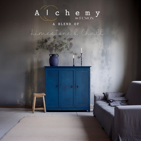 Blue cabinet painted in Ocean Alchemy by Fusion Mineral Paint with a stool nearby.