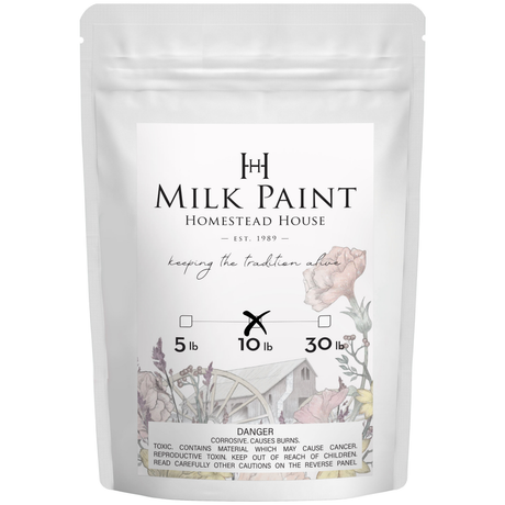 Homestead House Ocean Milk Paint 10 lb pouch with white label and floral art.