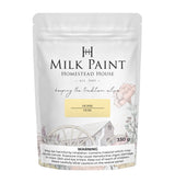 330g Homestead House Ochre Milk Paint bag with rustic watermill image and warning label at the bottom.